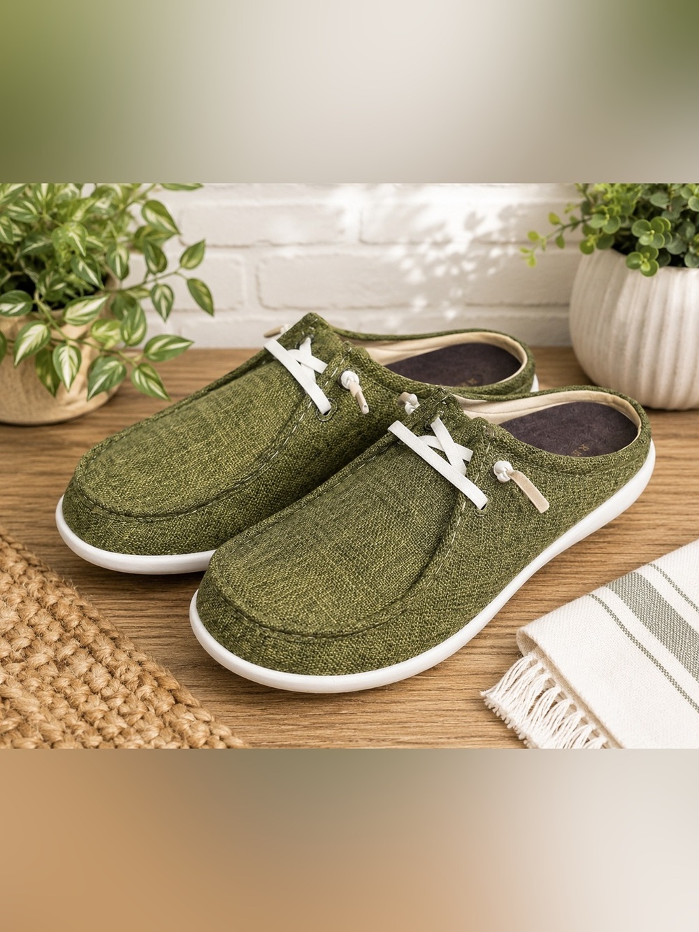 Revitalign Olive Green Canvas Lace-Up Mule Sneakers Size 9D Wide NWOT